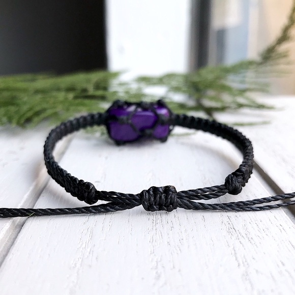 ☽Wrapped Amethyst Crystal Black Waxed Bracelet ☾ - Picture 2 of 4